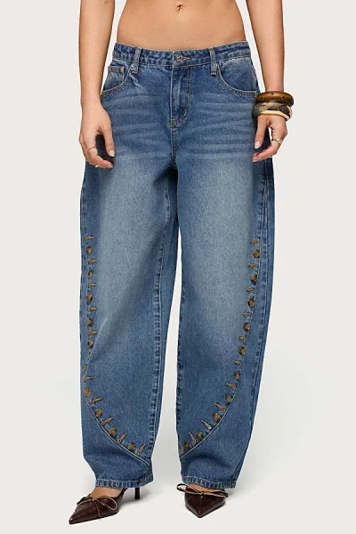 Edikted Button Stitch Low Rise Barrel Jeans In Blue/washed, Women's At Urban Outfitters