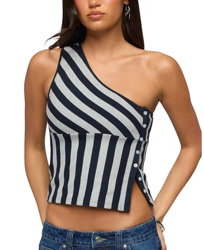 Edikted Stripe Side Button One-shoulder Top In Blue
