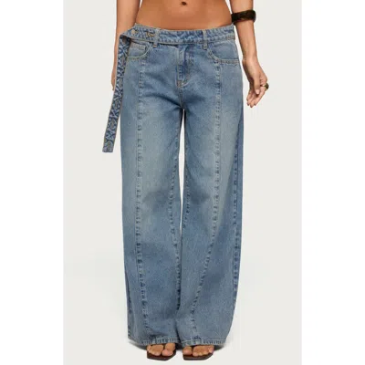 Edikted Button Tab Waist Low Rise Wide Leg Jeans In Blue