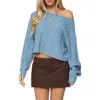 Edikted Oversized Off Shoulder Cable Knit Sweater In Blue