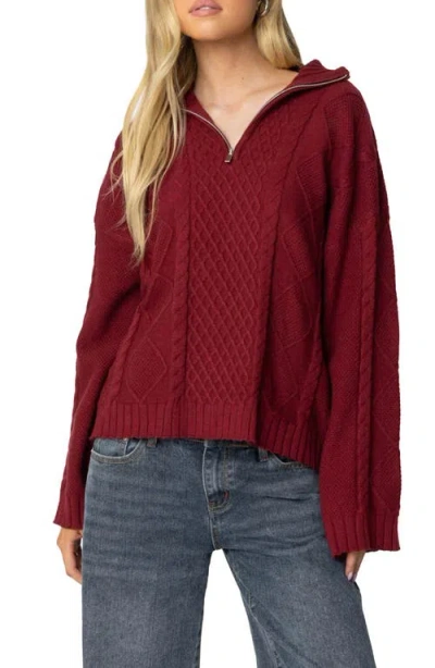Edikted Oversized Quarter Zip Cable Knit Sweater In Burgundy