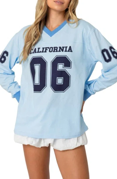 Edikted Cali 06 Oversize Long Sleeve Cotton Graphic Football T-shirt In Light-blue