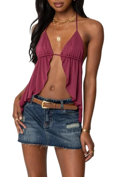Edikted Calla Split Front Open Back Halter Top In Burgundy