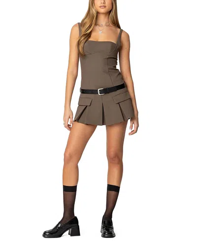 Edikted Callie Drop Waist Pleated Mini Dress In Brown
