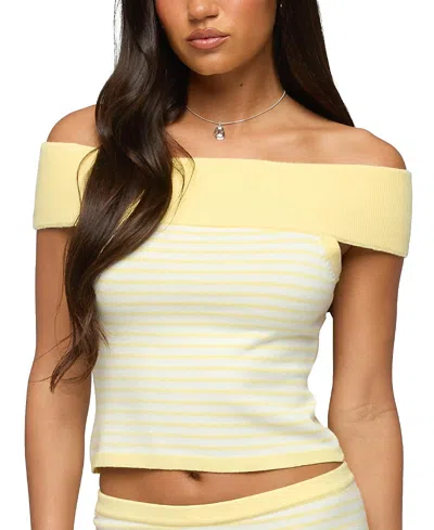 Edikted Camil Off The Shoulder Stripe Knit Top In Neutral