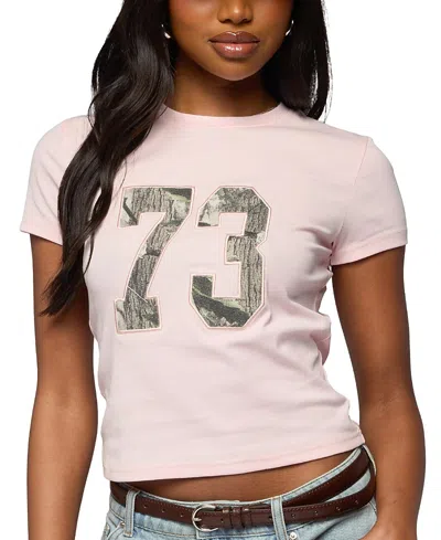 Edikted 73 Camo Shrunken Graphic T-shirt In Pink