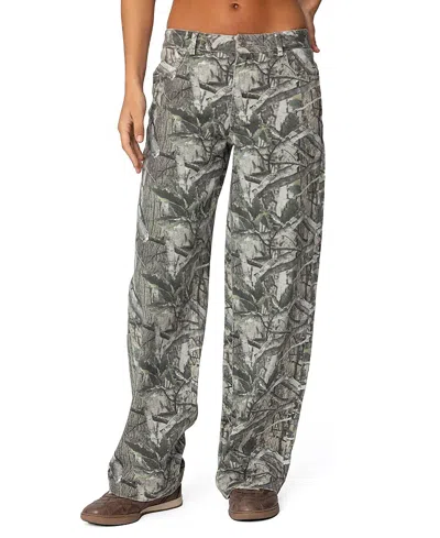 Edikted Camo & Bow Low Rise Jeans In Colored Wash In Olive