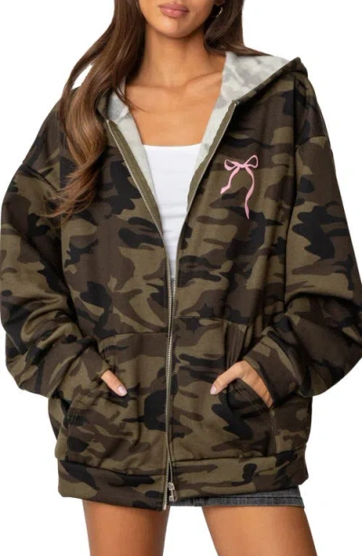 Edikted Camo Bow Detail Oversize Zip Hoodie In Olive