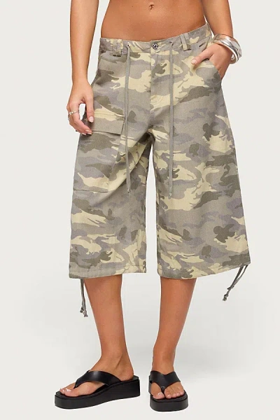 Edikted Camo Low Rise Cargo Bermuda Shorts In Gray