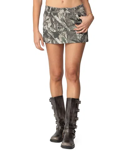 Edikted Camo Denim Mini Skirt In Olive