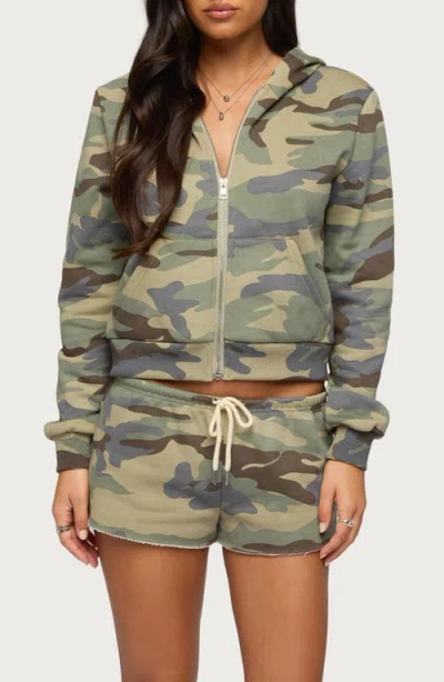 Edikted Camo Girl Front Zip Crop Hoodie In Multi