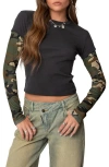 Edikted Camo Layered Long Sleeve Crop T-shirt In Dark-gray