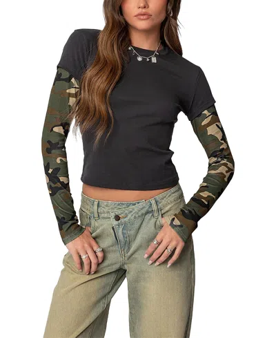 EDIKTED CAMO LAYERED LONG SLEEVE T SHIRT