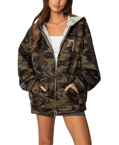 Edikted Camo Bow Detail Oversize Zip Hoodie In Olive
