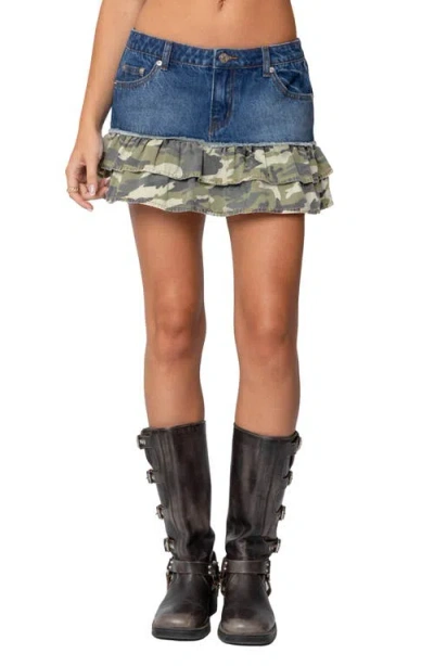 Edikted Camo Ruffle Denim Miniskirt In Blue-washed