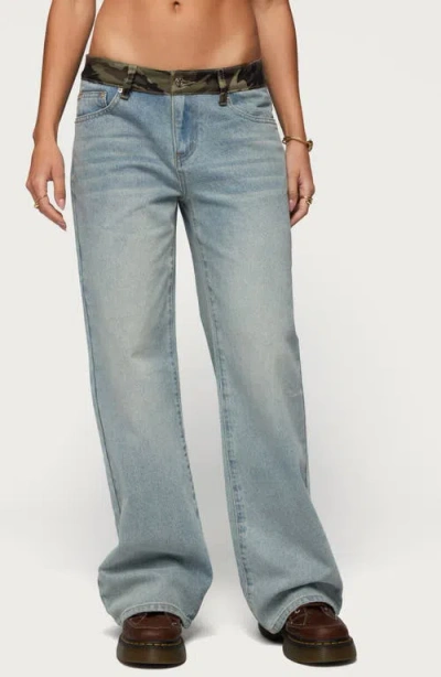 Edikted Camo Waist Low Rise Baggy Jeans In Blue