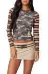 Edikted Camo & Stripe Long Sleeve T Shirt In Mix