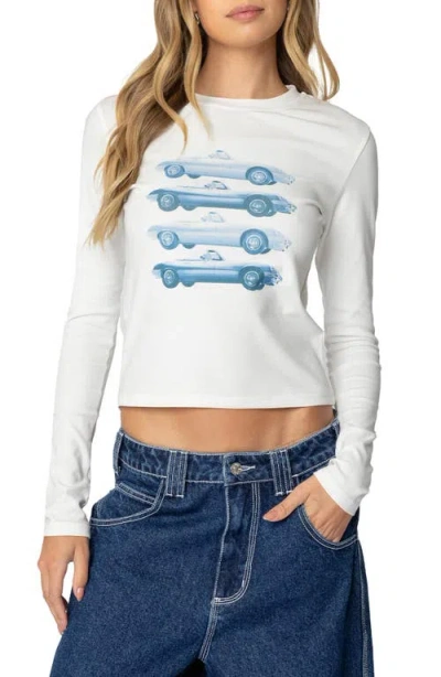 Edikted Car Club Long Sleeve Graphic T-shirt In White