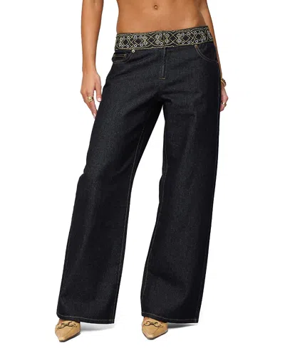 Edikted Carlie Embroidered Low Rise Wide Leg Jeans In Gray
