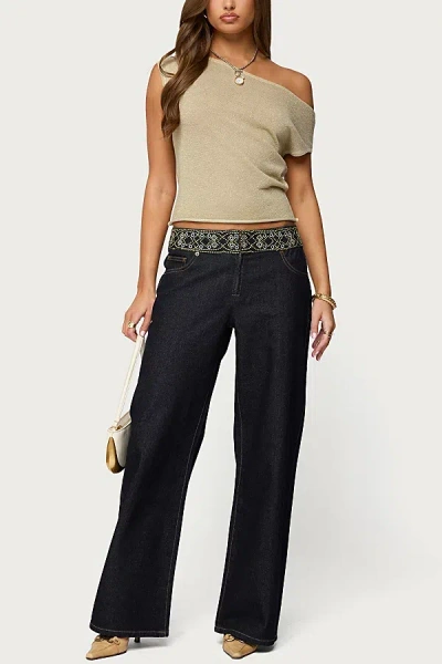 Edikted Carlie Beaded Embroidered Low Rise Wide Leg Jeans In Blue