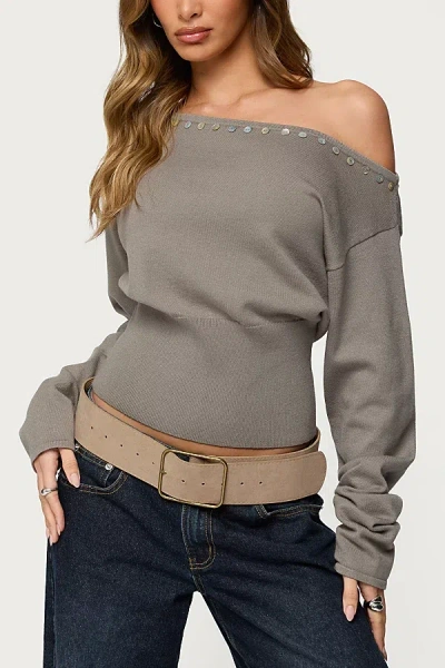 Edikted Carmela Iridescent Button Off Shoulder Sweater In Olive, Women's At Urban Outfitters In Green