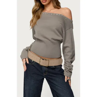 Edikted Carmela Iridescent Button Off The Shoulder Sweater In Gray