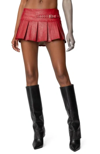 Edikted Carmine Pleated Faux Leather Miniskirt In Red
