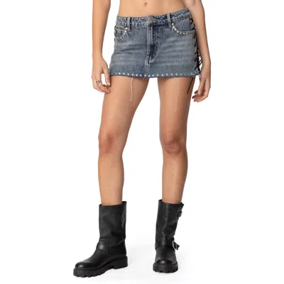 Edikted Casey Lace-up Denim Miniskirt In Blue-washed