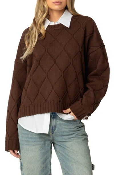 Edikted Cass Textured Argyle Oversize Sweater In Brown