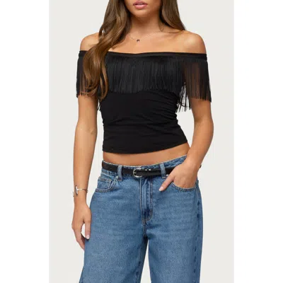 Edikted Catelina Fringe Off The Shoulder Top In Black