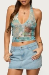 Edikted Catie Patchwork Mesh Halter Top In Blue