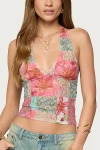 Edikted Catie Patchwork Mesh Halter Top In Multi