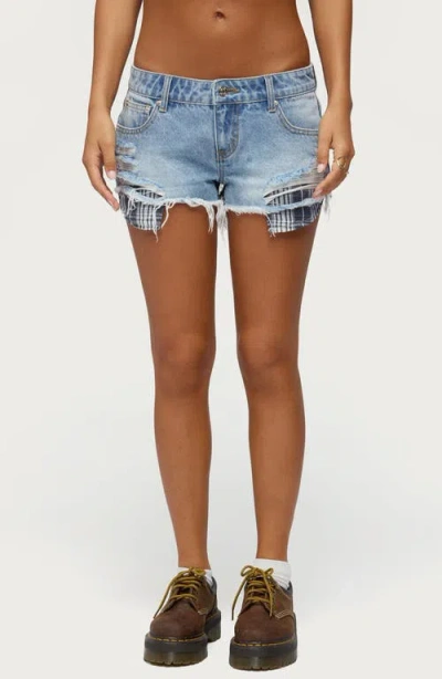 Edikted Catrine Low Rise Plaid Pocket Denim Cutoff Shorts In Blue-washed