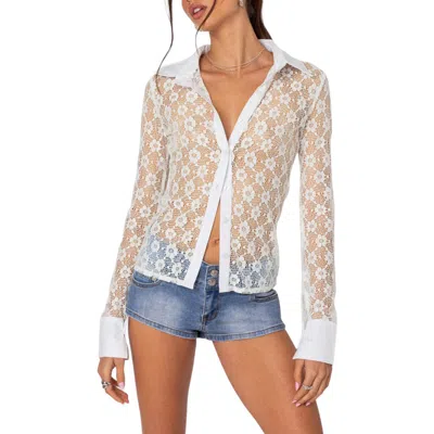 Edikted Cecilia Sheer Lace Button-up Top In White