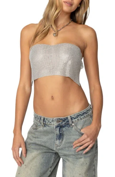 Edikted Chainmail Open Back Strapless Crop Top In Silver