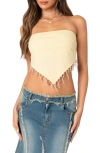 Edikted Chandelier Beaded Fringe Triangle Hem Strapless Crop Top In Beige
