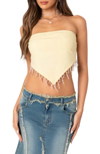 Edikted Chandelier Beaded Fringe Triangle Hem Strapless Crop Top In Beige