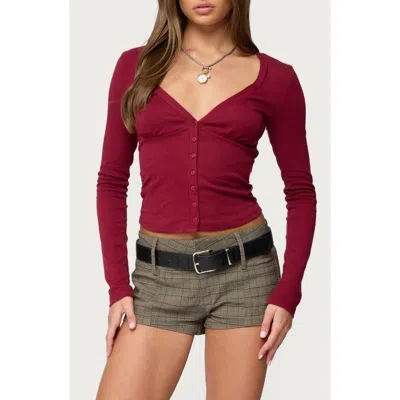 Edikted Charla Deep V-neck Button-up Top In Burgundy