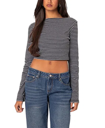 Edikted Charlee Stripe Long Sleeve Crop Top In Gray