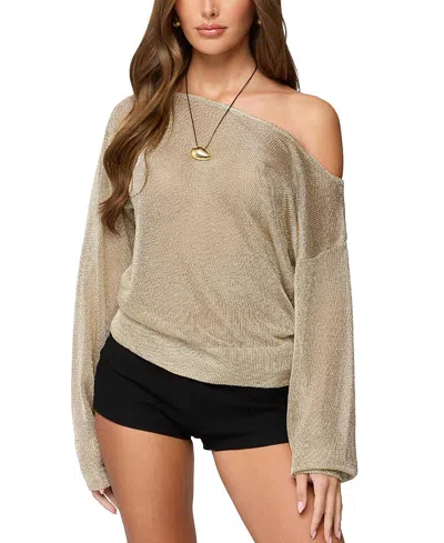 Edikted Charlo Off The Shoulder Metallic Knit Top In Neutral