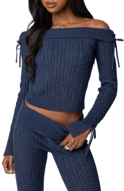 Edikted Chase Foldover Off The Shoulder Bow Trim Sweater In Navy