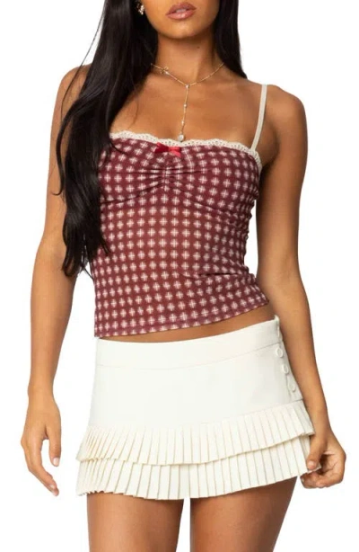 Edikted Check Mesh Camisole In Burgundy