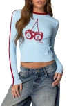 Edikted Cherry 8 Long Sleeve Stretch Cotton T-shirt In Light-blue