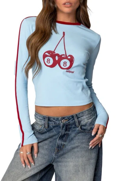Edikted Cherry 8 Long Sleeve Stretch Cotton T-shirt In Light-blue