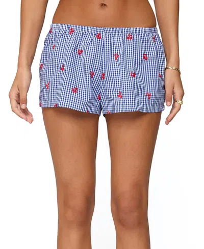 Edikted Cherry Embroidered Gingham Boxer Shorts In Blue