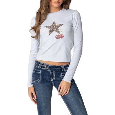 Edikted Cherry Leopard Star Long Sleeve Graphic T-shirt In Grey-melange