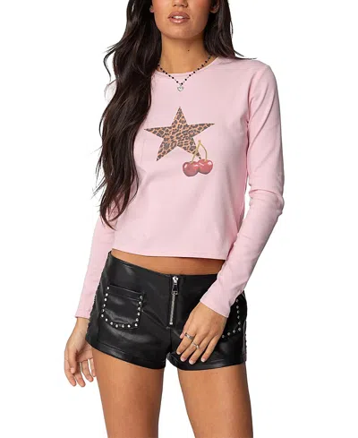 Edikted Cherry Leopard Star Long Sleeve T Shirt In Pink