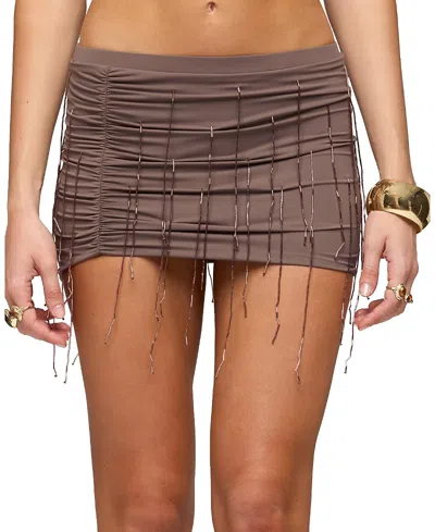Edikted Cheryl Beaded Fringe Mini Skirt In Brown