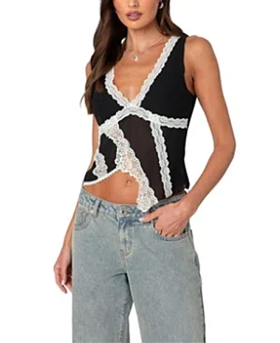 Edikted Chiffon & Lace Sheer Asymmetric Top In Black-and-white