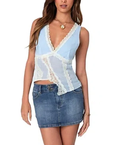 Edikted Chiffon Lace Trim Asymmetric Tank Top In Light-blue